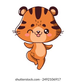 Cheerful tiger cub dancing flat color vector illustration. Children story. Kawaii baby animal jumping on one paw icon on white background