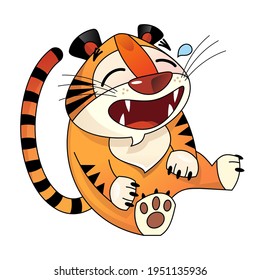 cheerful tiger cub laughs. Cartoon style on white background, isolated object 