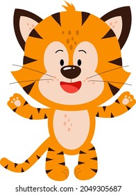 A cheerful tiger cub waves its paws. Hello tiger and happy new year 2022.