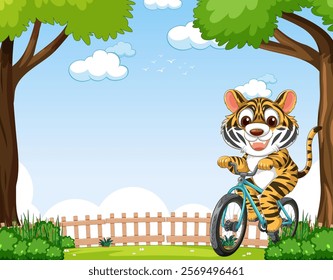 A cheerful tiger cycling between two trees