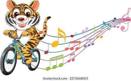 A cheerful tiger cycling with colorful music notes