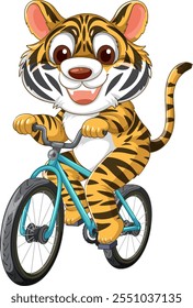 Um tigre alegre pedalando em uma bicicleta azul