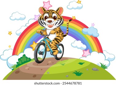 Um tigre alegre passeando de bicicleta em um dia ensolarado