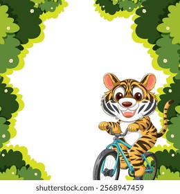 A cheerful tiger cycling through lush greenery