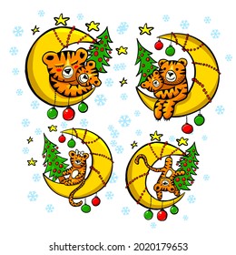 A cheerful tiger family. Christmas card. Tiger with a Christmas tree. Family look. Vector illustration