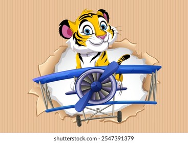 Um tigre alegre voando um biplano azul