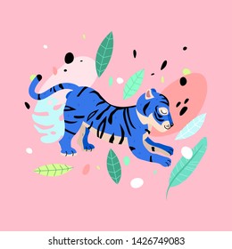 Cheerful tiger in neon colors illustration. Funny neon blue tiger with tropical leaves. Jungle children's drawing animal illustration with a big cat. 