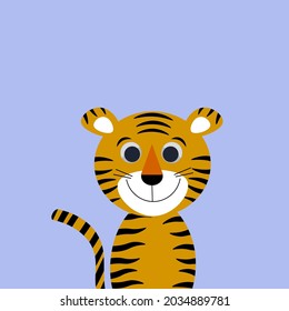 Cheerful tiger on a blue background. Vector illustration of cute animals.