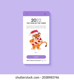 Cheerful tiger is the symbol of the Chinese New Year. Mobile app screen with tiger. Cartoon animal. 2022 Chinese horoscope. Vector illustration template.