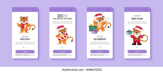 Cheerful tiger is the symbol of the Chinese New Year. Set of mobile app screen with tiger. Cartoon animal. 2022 Chinese horoscope. Vector illustration template.