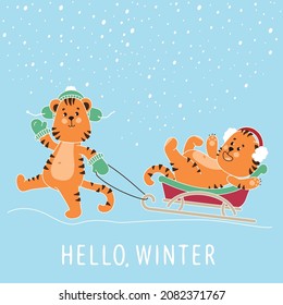 Cheerful tigers sledding on a snowy winter day. Vector isolated image.