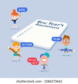 Cheerful tiny kids with New year's resolutions list on notepad. Vector cartoon illustration in flat design style.