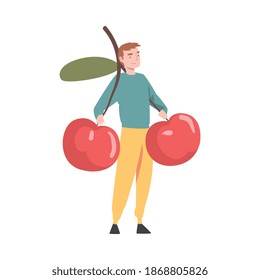 Cheerful Tiny Man Holding Ripe Red Cherry Berry Vector Illustration
