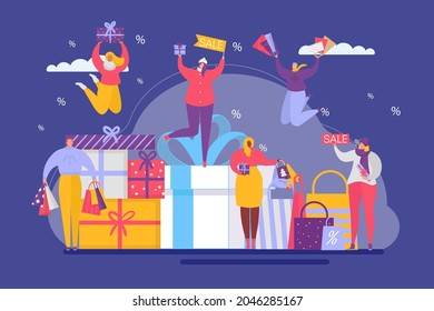 Cheerful tiny people character together standing advertisement holiday gift box, sale holiday flat vector illustration, isolated on blue.