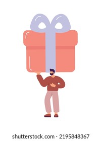 Cheerful tiny vector man carrying huge present box overhead. Male character holding big birthday gift in festive packaging. Flat cartoon illustration isolated on white background.