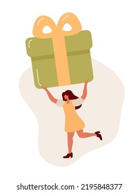 Cheerful tiny vector woman carrying huge present box overhead. Female character holding big birthday gift in festive packaging. Flat cartoon illustration isolated on white.