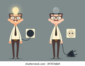 Cheerful and Tired Office Workers. Light Bulbs (Ideas) in Their Heads. Vector Illustration