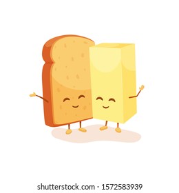 Cheerful toast and butter relashionship. Colorful food characters. Happy friends bread and fresh butter. Vector illustration for advertisement, flyers, website