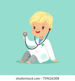 Cheerful toddler boy in white medical gown playing doctor role with stethoscope. Flat design vector illustration