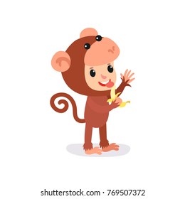 Cheerful toddler in brown monkey jumpsuit with banana in hand. Children costume of animal. Flat vector design for banner, card, sticker or website