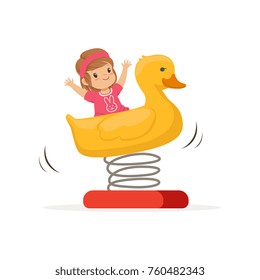 Cheerful toddler girl having fun on yellow plastic rocking duck on spring. Outdoor play equipment. Isolated flat vector