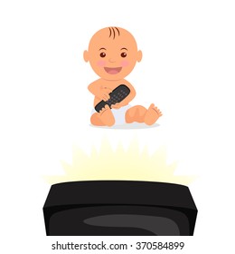 Cheerful toddler sitting and watching TV. Isolated character baby with remote control in hand