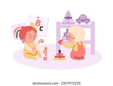 Cheerful toddlers sitting collects pyramid of colored rings, cubes with alphabet. Baby playing toys, constructor. Concept development and education of children. Vector cartoon isolated illustration