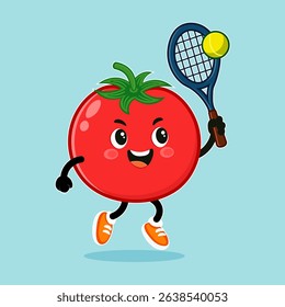 A cheerful tomato character is playing tennis on a blue background. The image has a cartoon style with vibrant colors.