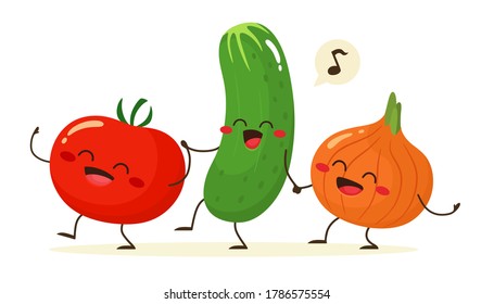 Cheerful tomato, cucumber and onion go together holding hands. Friends forever. Vector illustration in flat cartoon style.