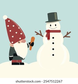 A cheerful Tomte gnome with a red hat decorates a snowman, carefully adding a carrot nose.