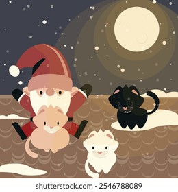 A cheerful tomte (gnome) sits on a snowy rooftop under the glowing moon, surrounded by three adorable cats—black, white, and orange. The cozy winter night radiates festive warmth and tranquility.