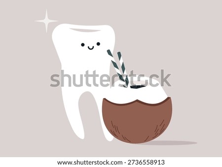 A cheerful tooth character sips coconut water through a straw in a coconut shell, promoting the joy of coconut oil pulling for dental health and wellness