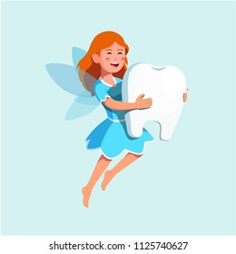 Cheerful tooth fairy girl flying, holding big tooth taking care of it. Kids fairy tail story pixie character carrying molar. Mythical creature used in children dentistry. Flat vector illustration