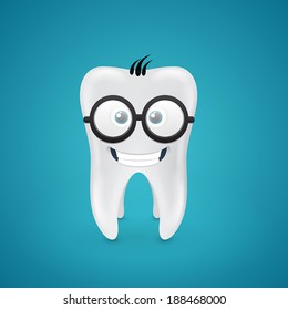 Cheerful tooth with glasses on blue background