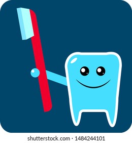 cheerful tooth with red brush on blue background