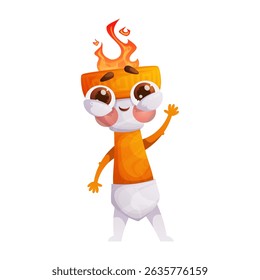 A cheerful torch cartoon character with a friendly wave, a burning flame on its head, and big, expressive eyes. It is ready to bring light and positivity to any project.