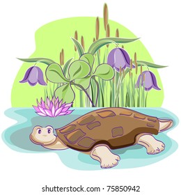 Cheerful Tortoise in the water. Children's illustration.