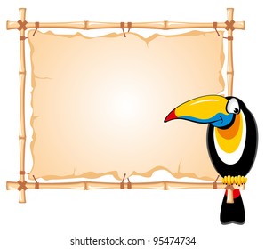 Cheerful toucan sitting on a bamboo frame