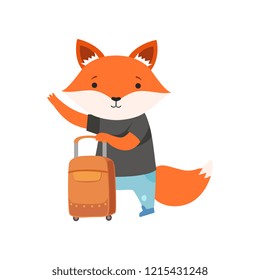 Cheerful tourist fox hitchhiking, cute animal cartoon character travelling on summer vacation vector Illustration on a white background