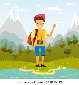 cheerful tourist on the background of mountain scenery. young guy with a backpack