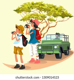 Cheerful tourists taking pictures and watching in binoculars