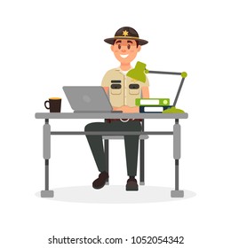Cheerful town male sheriff police officer character in official uniform working with laptop in his office vector Illustration on a white background