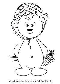 Cheerful toy bear cub in a helmet with a bouquet