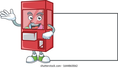 Cheerful toy claw machine mascot style design with whiteboard