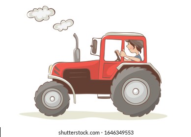 Cheerful tractor driver. Vector illustration, woman farmer rides in a red tractor