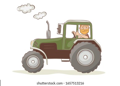 Chofer de tractor alegre. Ilustración vectorial, hombre de cabello rojo recorre un tractor verde	