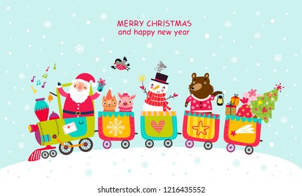 Cheerful train Christmas card with Santa and animals