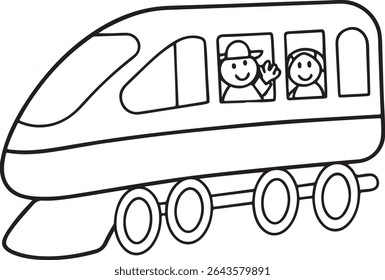Cheerful Train Illustration with Passengers Waving from Windows, a Delightful Black and White Drawing of a Fun Train Ride with Passengers, Perfect for Coloring Books
