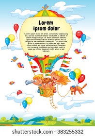 Cheerful travel to a hot air balloon. Colorful template for advertising brochure. Ready for your message. Lorem ipsum. Funny cartoon character. Vector illustration