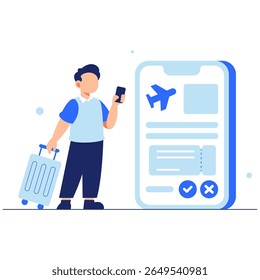 A cheerful traveler books a flight on a smartphone, holding luggage and preparing for a modern travel adventure with excitement.